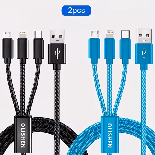 2pcs 3-in-1 Fast Charging Cable | Durable Nylon Braided, Compatible with iPhone, Xiaomi, Oppo, Vivo, Redmi, OnePlus & More, Supports USB Charging, 10W Output Power