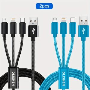 2pcs 3-in-1 Fast Charging Cable | Durable Nylon Braided, Compatible with iPhone, Xiaomi, Oppo, Vivo, Redmi, OnePlus & More, Supports USB Charging, 10W Output Power 2pcs 3-in-1 Fast Charging Cable | Durable Nylon Braided, Compatible with iPhone, Xiaomi, Oppo, Vivo, Redmi, OnePlus & More, Supports USB Charging, 10W Output Power
