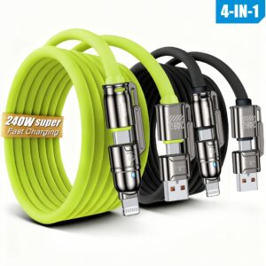 240W Fast Charging 4in 1 Cable | USB C Thicker Charger Cord & Data Transfer for iPhone 17/16/15/Macbook, Samsung, LG, Moto G, Google Pixel Xiaomi More