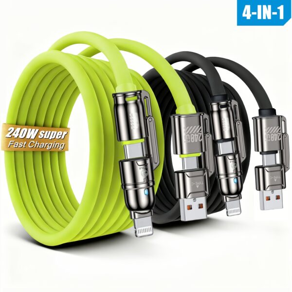 240W Fast Charging 4in 1 Cable | USB C Thicker Charger Cord & Data Transfer for iPhone 17/16/15/Macbook, Samsung, LG, Moto G, Google Pixel Xiaomi More