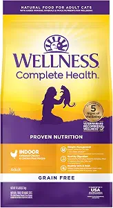 Wellness Complete Health Adult Dry Cat Food for Indoor Cats, Natural, Grain Free Kibble, Chicken Recipe, 11.5 lb Bag